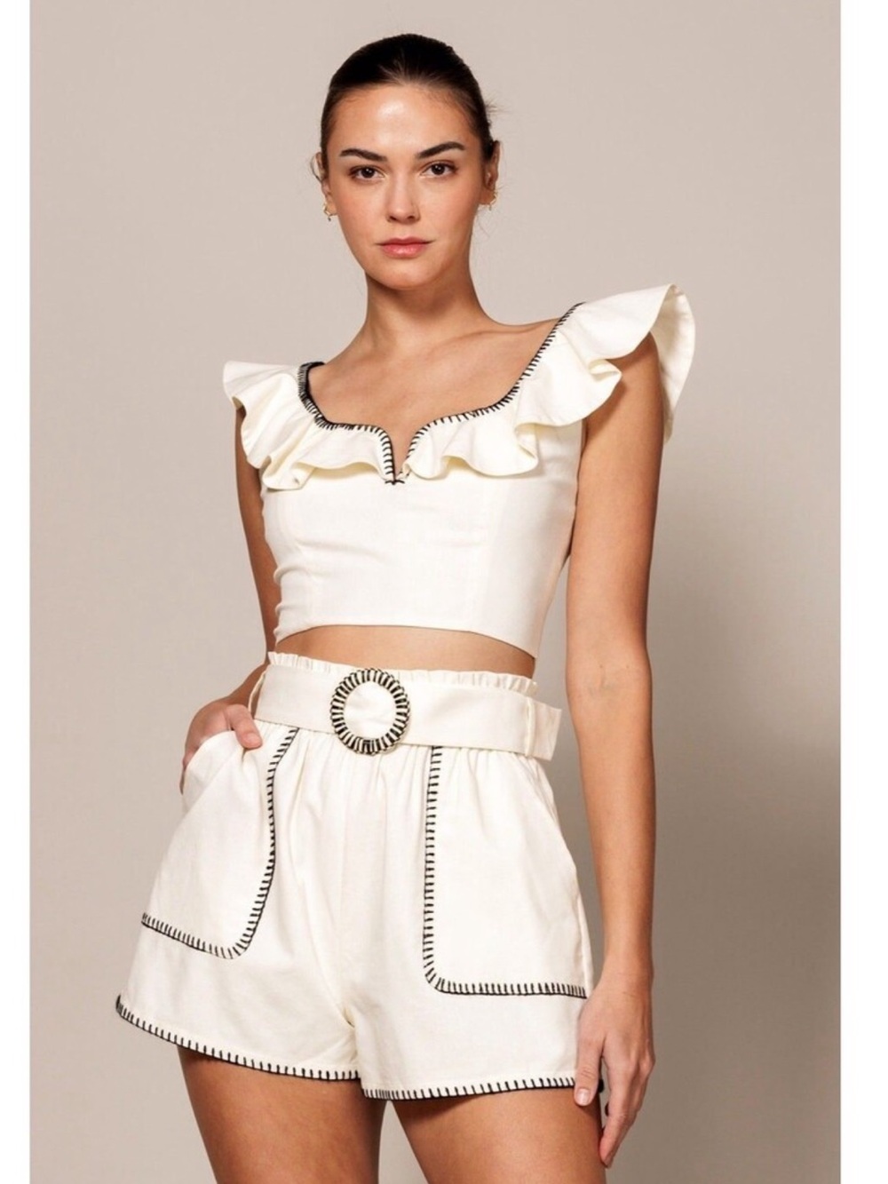 E.B. luxe Los angeles Crop Top & High-Waist Shorts Set in Cream with Black Trim